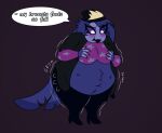  anthro avian big_breasts bird blueberry_inflation blush breasts coleman12345 english_text exposed_belly female helluva_boss hi_res holding_breast huge_belly inflation navel octavia_(helluva_boss) owl owl_demon puffed_cheeks slosh solo sound_effects speech_bubble text thick_thighs wide_hips 