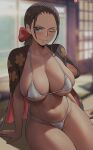  1girl bikini black_hair blurry blurry_background blush breasts cleavage collarbone highres large_breasts long_hair looking_at_viewer navel nico_robin one_eye_closed one_piece shexyo sitting smile solo swimsuit thighs white_bikini 