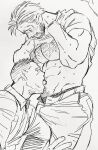  2boys abs bara bare_pectorals beard blush bulge chest_hair clothes_lift cosgrove_(dickfish) couple dickfish_(fishismdick) erection erection_under_clothes facial_hair feet_out_of_frame from_side highres large_pectorals licking licking_navel lifted_by_self male_focus male_underwear male_underwear_peek mature_male multiple_boys muscular muscular_male navel navel_hair nipples original pants pectorals scan shirt shirt_lift short_hair sideburns sketch standing stomach stubble sweatdrop t-shirt tongue tongue_out traditional_media undercut underpec underwear yaoi 
