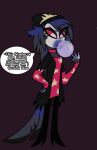  anthro blueberry_inflation changing_color clothed clothing coleman12345 confusion english_text female helluva_boss octavia_(helluva_boss) owl_demon solo speech_bubble text 