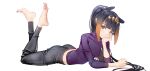  1girl alternate_costume arm_support ass bangs barefoot black_hair black_pants blue_eyes blunt_bangs breasts extra_ears eyelashes feet feet_up gradient_hair head_rest head_tilt hololive hololive_english legs long_hair looking_at_viewer lying multicolored_hair nail_polish ninomae_ina&#039;nis on_stomach orange_hair pants pointy_ears purple_shirt ribbed_shirt shirt sidelocks small_breasts smile soles solo sydus tentacle_hair the_pose toenail_polish toenails toes virtual_youtuber white_background 