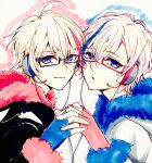  2boys absurdres aya17 brothers closed_mouth fingerless_gloves fur-trimmed_jacket fur_trim glasses gloves headphones highres hood hood_down i-chu jacket kururugi_mutsuki kururugi_satsuki long_sleeves looking_at_viewer male_focus multiple_boys parted_lips short_hair siblings smile twins 