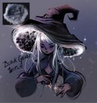  1girl black_lips breasts character_name cleavage closed_eyes commentary english_commentary feefal geode glint gradient_hair hat highres hime_cut long_hair multicolored_hair original personification shiny_clothes solo sparkle_background upper_body white_hair witch witch_hat 