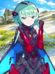  1girl android asagi1111 clenched_hands grass green_eyes green_hair ino_(xenoblade) mechanical_wings short_hair_with_long_locks smile wings xenoblade_chronicles_(series) xenoblade_chronicles_3 
