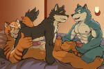  2021 abs absurd_res all_fours anal anthro argo_(knights_college) balls bed biped black_body black_fur black_nose blue_body blue_eyes blue_fur brown_body brown_fur canid canine canis detailed_background digital_drawing_(artwork) digital_media_(artwork) djako_hyena domestic_dog erection eyebrows eyes_closed felid fur furniture genitals grantly group hi_res holding_penis humanoid_genitalia humanoid_penis knights_college lying male male/male mammal muscular muscular_anthro muscular_male on_back on_bed open_mouth oral orange_body orange_eyes orange_fur oscar_(knights_college) pantherine pecs penis rimming sex sitting sitting_on_bed smile striped_body striped_fur stripes tail tail_grab thick_eyebrows tiger trio white_body white_fur wolf 