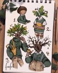  1boy acorn age_progression baby book brown_pants commentary english_commentary faceless feefal green_sweater green_sweater_vest hand_in_pocket highres holding holding_book holding_smoking_pipe leaf monster_boy oak_leaf old old_man original pants paper_background personification signature smoking_pipe sprout suspenders sweater sweater_vest traditional_media tree 