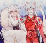  2boys animal_ears armor bangs bow brothers cosplay costume_switch cowboy_shot crescent crescent_facial_mark dog_ears ears_down extra_ears facial_mark fake_animal_ears fang forehead_mark fur_shawl gloom_(expression) grey_hair hairband hand_up hands_in_opposite_sleeves highres inuyasha inuyasha_(character) inuyasha_(character)_(cosplay) japanese_clothes jewelry kariginu katana kimono laughing long_hair long_sleeves looking_at_viewer male_focus multiple_boys necklace painting_(medium) parted_bangs pauldrons pointy_ears price_tag red_bow roocnutfish sesshoumaru sesshoumaru_(cosplay) shawl shoulder_armor shoulder_spikes siblings spikes sword tears traditional_media very_long_hair watercolor_(medium) weapon white_hair wide_sleeves yellow_eyes 
