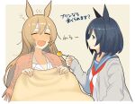  2girls =_= animal_ears ashinowoto black_hair blanket blue_eyes brown_hair cardigan eishin_flash_(umamusume) feeding food grey_jacket hair_down highres holding holding_blanket holding_spoon horse_ears jacket long_hair multiple_girls neckerchief open_mouth pudding red_neckerchief sailor_collar scarf shirt short_hair sick sleep_bubble smart_falcon_(umamusume) spoon sweatdrop translation_request umamusume upper_body white_shirt 