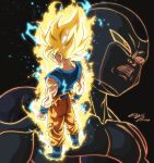 2boys artist_name aura biceps black_background blonde_hair blue_footwear blue_sash blue_shirt blue_wristband boots closed_mouth commentary dougi dragon_ball dragon_ball_z eegiiartto electricity energy english_commentary facing_away frieza frown full_body glowing green_eyes highres looking_away male_focus multiple_boys muscular muscular_male open_mouth profile sash scratches shirt signature son_goku spiked_hair super_saiyan super_saiyan_1 torn_clothes upper_body v-shaped_eyebrows wristband 