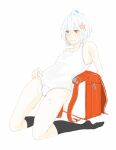  1girl accelerator_(toaru_majutsu_no_index) ahoge albino backpack bag black_socks blush expressionless flat_chest flower full_body hair_flower hair_ornament hand_under_clothes hand_under_swimsuit jitome leaning_back leaning_on_object legs one-piece_swimsuit oyaumi_zzz pale_skin presenting red_bag red_eyes short_hair socks solo suzushina_yuriko swimsuit toaru_majutsu_no_index wet white_background white_hair white_one-piece_swimsuit 