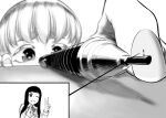  1girl 1other close-up commentary eyebrows_hidden_by_hair fingernails freckles greyscale hatching_(texture) highres kiyoshi2431 long_hair mechanical_pencil minigirl monochrome one_eye_closed original pencil school_uniform smile thick_eyebrows v 