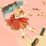  ! 1girl blue_eyes blue_hair bow cookie cracker cup food frilled_skirt frills hatsune_miku mary_janes open_mouth pink_background plate puffy_sleeves red_bow red_skirt ryu04869 shoes short_sleeves skirt sock_bow socks solo spilling spoken_exclamation_mark tea teacup teapot teeth twintails upper_teeth_only vocaloid 