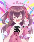  1girl :d animal_on_shoulder bangs birthday brown_hair closed_eyes collared_dress commentary confetti dated delicious_party_precure dress eating english_text facing_viewer food fox hair_ribbon happy_birthday heart highres holding holding_food kome-kome_(precure) long_hair nagomi_yui onigiri open_mouth pink_dress precure red_ribbon ribbon short_sleeves smile solo sorashinakei_k streamers two_side_up upper_body watch wristwatch 