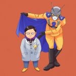  2boys black_eyes black_gloves black_hair blue_cape boots bowing cape commentary dr._hedo dragon_ball dragon_ball_super dragon_ball_super_super_hero english_commentary gamma_2 gloves hands_in_pockets height_difference highres hood hoodie jacket jenxd_d knee_boots labcoat male_focus multiple_boys pants smile yellow_jacket yellow_pants 