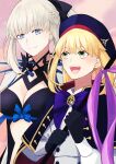  2girls absurdres artoria_caster_(fate) artoria_caster_(second_ascension)_(fate) artoria_pendragon_(fate) bangs black_bow black_dress blonde_hair blue_bow blue_bowtie blue_eyes blue_headwear bow bowtie breasts cleavage closed_mouth commentary_request dress fate/grand_order fate_(series) gloves green_eyes grey_hair hair_bow hat highres holding holding_weapon large_breasts long_hair looking_at_another morgan_le_fay_(fate) multiple_girls nakanohiro open_mouth ponytail siblings sidelocks sisters smile spikes teeth two-tone_dress upper_teeth_only weapon white_dress 