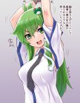  1girl bangs between_breasts black_necktie blush bound bound_wrists breasts collared_shirt commentary_request crossed_bangs detached_sleeves frog_hair_ornament green_eyes green_hair grey_background hair_between_eyes hair_ornament kei_jiei kochiya_sanae large_breasts long_hair looking_at_viewer necktie necktie_between_breasts open_mouth rope shirt sidelocks single_hair_tube sleeveless sleeveless_shirt snake_hair_ornament solo touhou translation_request upper_body v-shaped_eyebrows white_shirt white_sleeves 
