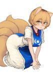  1girl absurdres animal_ears bangs blonde_hair breasts chanta_(ayatakaoisii) closed_mouth dress fox_ears fox_tail hair_between_eyes highres large_breasts looking_at_viewer multiple_tails short_hair short_sleeves simple_background slit_pupils solo tabard tail touhou white_background white_dress yakumo_ran yellow_eyes 
