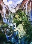  1girl bird breasts cleavage cliff cloud colored_skin commentary day english_commentary feefal giant giantess green_skin highres leaf monster_girl original plant_girl plant_hair shiny_skin size_difference sun sunlight tree water watercolor_effect waterfall white_skin 