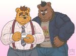  2023 anthro bear belly black_nose blush bottomwear clothing container cup duo eyes_closed eyewear glasses goyemon_k kemono male male/male mammal necktie overweight overweight_male pants shirt suspenders topwear 