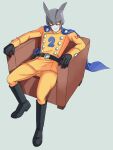  1boy black_gloves blue_cape boots cape commentary dragon_ball dragon_ball_super dragon_ball_super_super_hero english_commentary full_body gamma_2 gloves gun highres holster holstered_weapon jacket jenxd_d knee_boots male_focus pants sitting smile solo weapon yellow_jacket yellow_pants 
