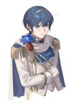  1boy bangs blue_eyes blue_flower blue_hair cape commentary cropped_torso epaulettes fire_emblem fire_emblem:_mystery_of_the_emblem fire_emblem:_shadow_dragon fire_emblem_heroes flower flying_sweatdrops formal gloves groom hair_between_eyes highres long_sleeves looking_away male_focus marth_(fire_emblem) marth_(groom)_(fire_emblem) mik_blamike official_alternate_costume short_hair simple_background solo suit tiara white_background white_gloves white_suit 