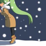  1girl absurdres black_pantyhose blurry blurry_background boots brown_coat brown_footwear coat depth_of_field faceless faceless_female from_side fujishiro_nekomata fur-trimmed_coat fur_trim green_hair high_ponytail highres kiss long_sleeves open_clothes open_coat original outdoors pantyhose ponytail robot_ears snow snowing solo sweater tiptoes white_sweater 