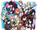 6+boys 6+girls alfred_(fire_emblem) androgynous armor bangs bare_shoulders blonde_hair blue_eyes blue_hair blush bow breasts brothers character_request chloe_(fire_emblem) cleavage cone_hair_bun crown double_bun dress fire_emblem fire_emblem_engage flat_chest flower food green_eyes hair_between_eyes hair_bow hair_bun hair_ornament highres holding hortensia_(fire_emblem) ivy_(fire_emblem) jewelry large_breasts light_blue_hair long_hair looking_at_viewer misato_hao mole mole_under_mouth multicolored_hair multiple_boys multiple_girls open_mouth otoko_no_ko pink_hair platform_footwear princess purple_eyes purple_hair red_eyes red_hair ribbon rosado_(fire_emblem) siblings simple_background sisters small_breasts smile two-tone_hair very_long_hair white_background 