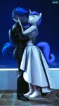  2022 3d_(artwork) anthro azure_thunder_(oc) biped blue_hair clothing daveman1000 digit_ring digital_media_(artwork) dress duo embrace equid equine eyes_closed female grey_body hair hasbro hi_res horn jewelry kiss_on_lips kissing magic_twinkle_(oc) male male/female mammal married_couple my_little_pony night pegasus plantigrade purple_hair ring romantic romantic_couple sky slippers suit tail unicorn wedding wedding_dress wedding_ring white_body white_clothing white_dress wings 