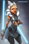  1girl ahsoka_tano alien armlet armor armored_dress bad_source black_leggings blue_eyes breasts brown_lips colored_skin dress dual_wielding energy_sword facial_tattoo faulds garth_graham grey_dress hairband highres holding holding_lightsaber japanese_armor kote leggings lightsaber long_hair medium_breasts nose orange_skin reverse_grip solo star_wars sword tattoo tentacle_hair the_mandalorian togruta weapon white_hair white_lightsaber wide_hips 