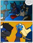  2_panel_comic anthro back_wings bandanna bandanna_on_neck black_body black_fur blue_body blue_fur blue_hair blue_markings blue_pawpads bowl brown_body brown_fur canid canine canis cheek_tuft collar collar_only container curved_horn demon dialogue domestic_dog duo english_text facial_tuft fur furniture german_shepherd hair half-closed_eyes herding_dog horn humor kerchief male mammal markings membrane_(anatomy) membranous_wings narrowed_eyes nude on_sofa open_mouth orange_background pastoral_dog pawpads paws shep_(shepgoesblep) shepgoesblep simple_background sitting sitting_on_sofa smile smirk smug smug_face smug_grin sofa sound_effects speech_bubble tan_body tan_fur text tuft under_blanket wide_eyed wings yellow_body yellow_fur 
