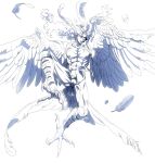  1boy abs animal_feet battle_tendency bird_legs bird_tail bird_wings claws feather_hair_ornament feathered_wings feathers flying full_body greyscale hair_ornament harpy_boy highres isaki_(shimesaba) jojo_no_kimyou_na_bouken kars_(jojo) long_hair male_focus monochrome monster_boy one_eye_closed open_mouth pelvic_curtain simple_background solo tail talons toned toned_male topless_male wavy_hair white_background winged_arms wings 