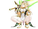  1girl absurdres aegis_sword_(xenoblade) anal_beads armor bangs blonde_hair breasts cleavage clenched_teeth gloves headpiece highres holding large_breasts long_hair looking_at_viewer mythra_(xenoblade) over_shoulder panties renxzd sex_toy side_ponytail simple_background solo squatting sweat swept_bangs teeth thigh_strap underwear very_long_hair weapon weapon_over_shoulder white_background white_panties xenoblade_chronicles_(series) xenoblade_chronicles_2 yellow_eyes 