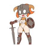  1girl :d bikini boots breasts brown_footwear brown_gloves chibi dovahkiin dovakini-chan female_pubic_hair full_body gloves holding holding_shield holding_sword holding_weapon horned_mask large_breasts looking_at_viewer lying mask navel nisetanaka on_stomach open_mouth orange_eyes orange_hair ponytail pubic_hair shield simple_background smile solo standing stomach string_bikini swimsuit sword the_elder_scrolls the_elder_scrolls_v:_skyrim thigh_boots weapon white_background white_bikini 
