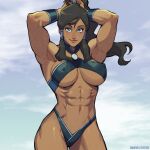  1girl abs absurdres armpits arms_up avatar_legends blue_eyes breasts breasts_apart closed_mouth covered_nipples danusko dark-skinned_female dark_skin hair_tubes highres korra lips muscular muscular_female ponytail second-party_source sidelocks sky smile swimsuit the_legend_of_korra 