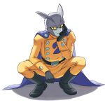 1boy black_gloves blue_cape boots cape commentary dragon_ball dragon_ball_super dragon_ball_super_super_hero elbow_rest english_commentary full_body gamma_2 gloves hand_on_own_chin head_rest highres jacket jenxd_d knee_boots male_focus pants smile solo squatting yellow_jacket yellow_pants 