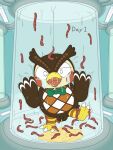  2021 3_toes animal_crossing anthro avian balls beak bird blathers_(animal_crossing) bodily_fluids bow_tie bow_tie_only brown_body brown_feathers crying distressed feathers feet flaccid front_view genital_fluids genitals hi_res inside laboratory male mostly_nude nintendo open_mouth owl peeing penis reuben_(artist) solo standing tears text toes urine urine_pool worm 