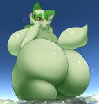  2023 absurd_res anthro anthrofied atmosphere atmospheric_perspective big_butt breasts building butt city digital_media_(artwork) featureless_breasts felid feline female fur generation_9_pokemon green_body green_fur hi_res huge_butt kify landscape_dwarfing looking_back mammal nintendo planet pokemon pokemon_(species) purple_eyes sky skyscraper solo sprigatito 