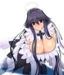  1girl alternate_eye_color bare_shoulders black_hair blue_eyes blush breasts cleavage closed_mouth commentary_request fake_halo fake_wings fallen_angel_ero_maid_costume hair_between_eyes halo huge_breasts kanzaki_kaori light_blush long_hair looking_at_viewer nose_blush shadow sitting solo soushin_souma thighhighs toaru_majutsu_no_index white_background white_thighhighs wings zettai_ryouiki 