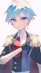  1boy adapted_costume aqua_eyes aqua_hair bangs closed_mouth collared_shirt commentary_request earrings epaulettes gloves hand_up highres jacket jewelry male_focus necktie open_clothes open_jacket pokemon pokemon_(game) pokemon_oras red_necktie shirt short_hair simple_background solo spiked_hair steven_stone sumeragi1101 upper_body vest white_background white_shirt 