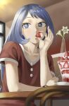  1girl absurdres alternate_costume blue_eyes blue_hair boku_no_hero_academia coffee_cup commentary_request cup dessert disposable_cup fengling_(furin-jp) flower food fruit hadou_nejire highres holding holding_food indoors long_hair red_shirt shirt sitting solo strawberry vase watch whipped_cream wristwatch 