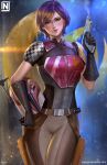  1girl absurdres armor belt black_gloves brown_belt brown_eyes gloves gun headwear_removed helmet helmet_removed highres holding holding_gun holding_helmet holding_weapon looking_at_viewer mandalorian_helmet nopeys pauldrons purple_hair sabine_wren short_hair shoulder_armor star_wars star_wars:_rebels weapon 