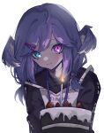  1girl absurdres ahoge birthday birthday_cake black_sweater blue_eyes braid cake candle closed_mouth english_commentary fangs food fruit hair_ornament hairclip head_wings heterochromia highres lanyard long_sleeves looking_at_viewer medium_hair mentally_deficient nijisanji nijisanji_en purple_eyes purple_hair purple_wings race_bib selen_tatsuki simple_background skin_fangs smile solo strawberry sweater twin_braids upper_body virtual_youtuber white_background wings 