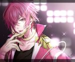  1boy black_shirt dear_vocalist earrings epaulettes gloves grey_eyes heart idol idol_clothes jacket jewelry long_sleeves looking_at_viewer male_focus multiple_earrings murashige-lu pink_hair pink_jacket re-o-do shirt short_hair solo tongue tongue_out white_gloves 
