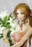  1girl aerith_gainsborough bangle bangs bouquet bracelet braid braided_ponytail breasts brown_hair character_name choker cleavage dress final_fantasy final_fantasy_vii floral_background flower green_eyes grey_background hair_ribbon happy_birthday holding holding_bouquet jewelry lily_(flower) long_hair medium_breasts parted_bangs pink_dress pink_ribbon ribbon ribbon_choker sidelocks sleeveless sleeveless_dress smile solo tetra_takamine upper_body white_flower 