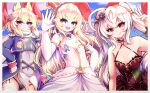  3girls alma_stella azur_lane black_panties blonde_hair blue_eyes breasts coat crown detached_collar dress elbow_gloves epaulettes evening_gown gloves gold_trim hair_ears halterneck headgear highres lace-trimmed_hairband lace_trim layered_dress long_hair long_sleeves looking_at_viewer mini_crown multiple_girls official_alternate_costume open_mouth panties pantyshot purple_coat purple_eyes queen_elizabeth_(azur_lane) queen_elizabeth_(the_queen&#039;s_ball)_(azur_lane) red_dress red_eyes scarf sleeveless sleeveless_dress small_breasts strapless strapless_dress underwear valiant_(azur_lane) valiant_(queen_valiant_i)_(azur_lane) warspite_(azur_lane) white_dress white_gloves white_hair white_scarf 