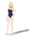  1girl blonde_hair blue_eyes blue_one-piece_swimsuit hand_on_hip highres jewelry kofune_ushio long_hair looking_at_viewer necklace official_art one-piece_swimsuit school_uniform shell_necklace summertime_render swimsuit transparent_background 