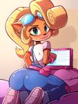  activision anthro big_butt blonde_hair butt clothing coco_bandicoot computer crash_bandicoot_(series) crossxvii female fur hair hi_res laptop looking_at_viewer looking_back overalls smile solo 