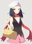  1girl bag beanie black_hair blush bracelet commentary_request dawn_(pokemon) duffel_bag eyelashes grey_background grey_eyes hair_ornament hairclip hand_up hat highres jewelry long_hair ohn_pkmn outline parted_lips pink_skirt poke_ball_print pokemon pokemon_(game) pokemon_dppt red_scarf scarf shirt skirt sleeveless sleeveless_shirt solo white_headwear yellow_bag 