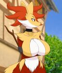  anthro areola arm_tuft big_breasts black_body breast_rest breasts building canid canine chest_tuft choker choker_only delphox female fur generation_6_pokemon half-closed_eyes holding_breast holding_object holding_stick house inner_ear_fluff jewelry looking_aside looking_away mammal mature_anthro mature_female mouth_closed narrowed_eyes neck_tuft necklace necklace_only nintendo nude outside plant pokemon pokemon_(species) pupils red_body red_eyes red_fur red_nose screencap_redraw sky snout solo standing stick tree tuft unknown_artist white_body white_fur yellow_body yellow_fur 