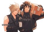  2boys adjusting_eyewear alternate_universe armor black_gloves black_hair blonde_hair blue_eyes box cloud_strife dog_tags eyewear_on_head final_fantasy final_fantasy_vii final_fantasy_vii_advent_children gloves hair_between_eyes holding holding_box holding_notebook lightningstrikes male_focus medium_hair multiple_boys notebook shirt short_hair shoulder_armor single_bare_shoulder sleeveless sleeveless_shirt spiked_hair sunglasses toned toned_male turtleneck upper_body zack_fair 